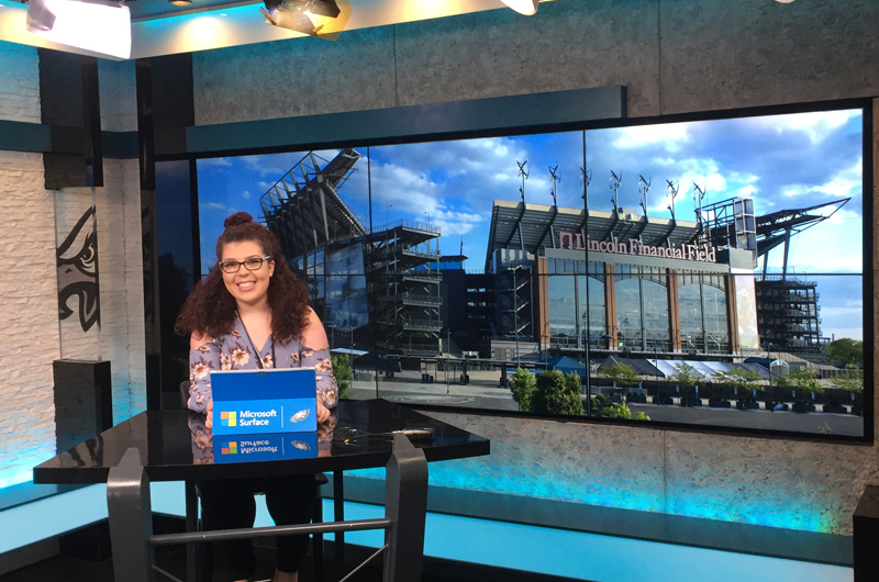 Gabby D'Andrea, vice president of the Neurodragons, getting ready for an interview at the Eagles' NovaCare Complex late last year. Courtesy of the Philadelphia Eagles.